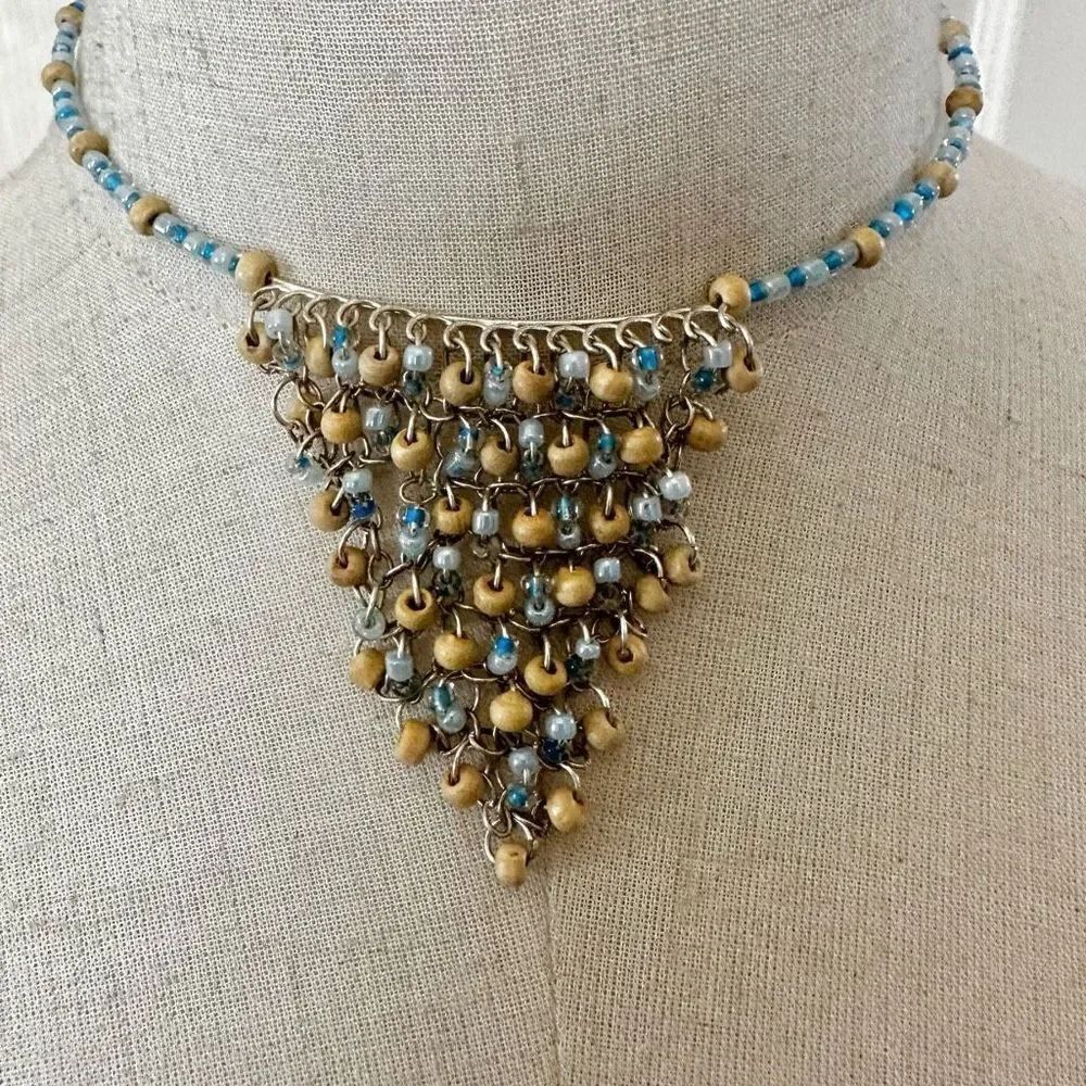 Blue and tan beaded choker necklace